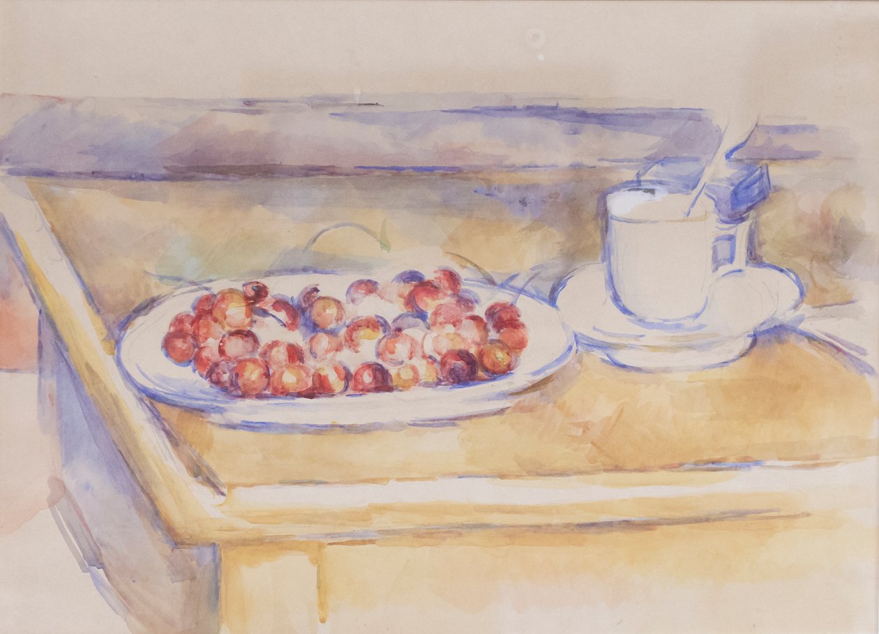 Taça e prato de cerejas, c.1890 (lápis e aquarel sobre papel) de Paul Cézanne