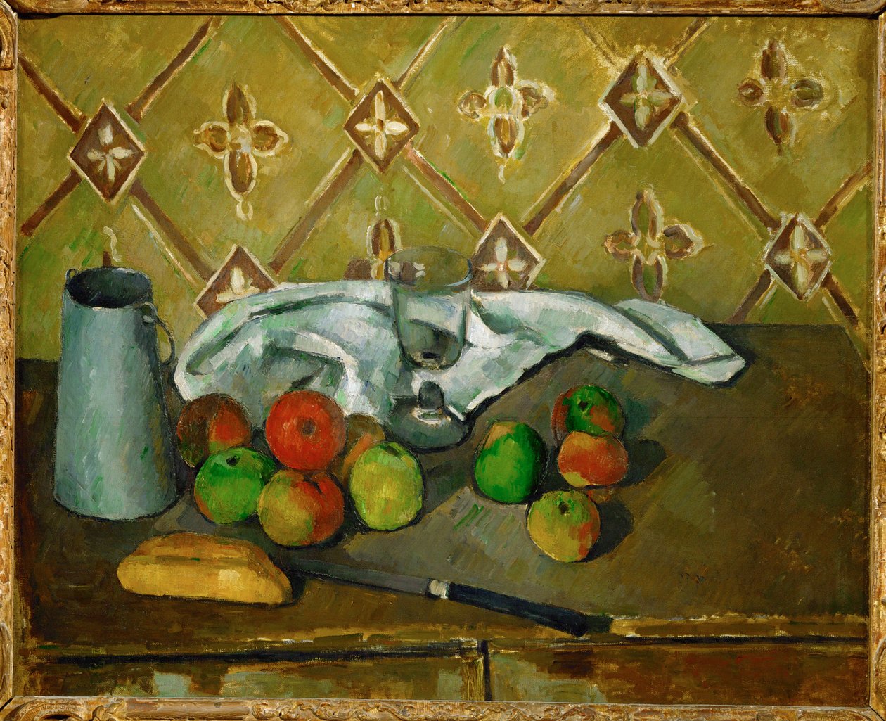 Frutas, guardanapo e jarro de leite de Paul Cézanne
