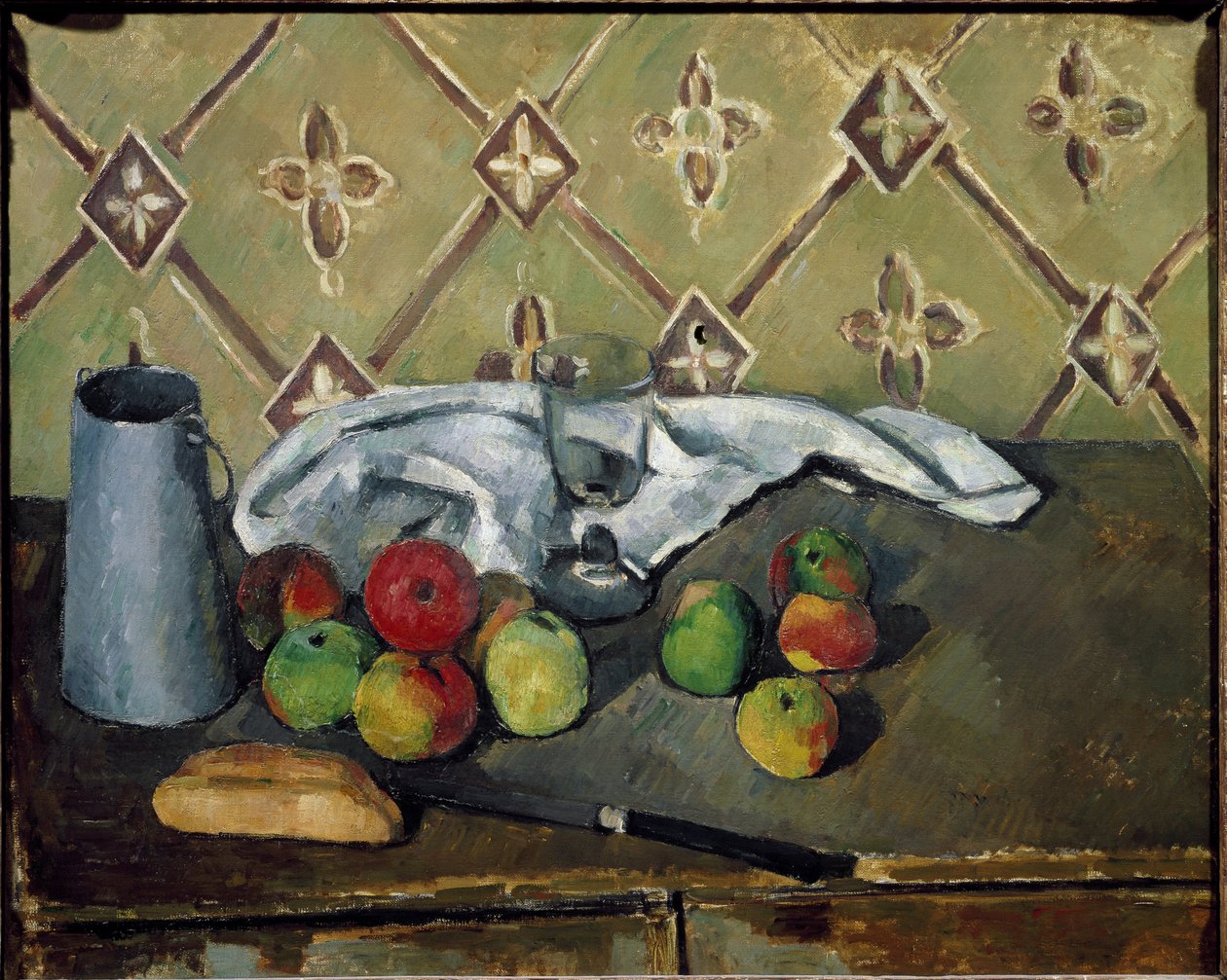 Frutas, guardanapos e caixa de leite - Óleo sobre tela de Paul Cézanne