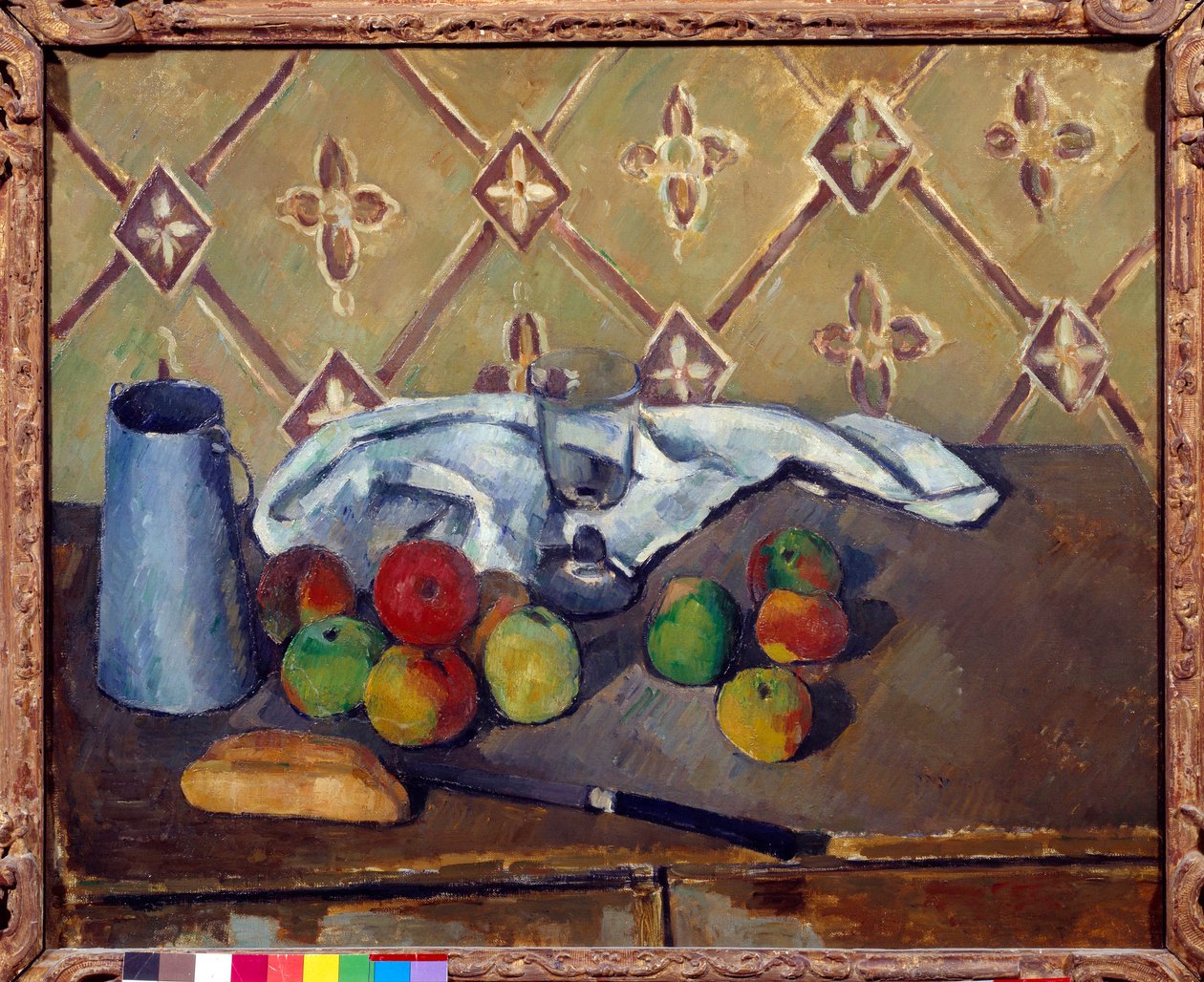 Frutas, toalha, pão e caixa de leite Pintura de Paul Cezanne (1839-1906) 1880 Sol. 0,6x0,73 m Paris, Musee de l