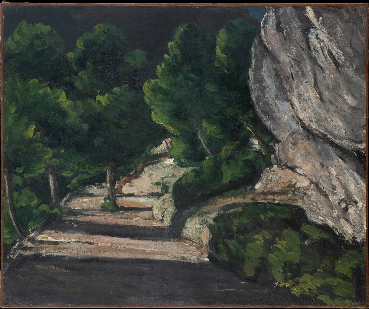 Paisagem. Estrada com árvores nas montanhas rochosas de Paul Cézanne