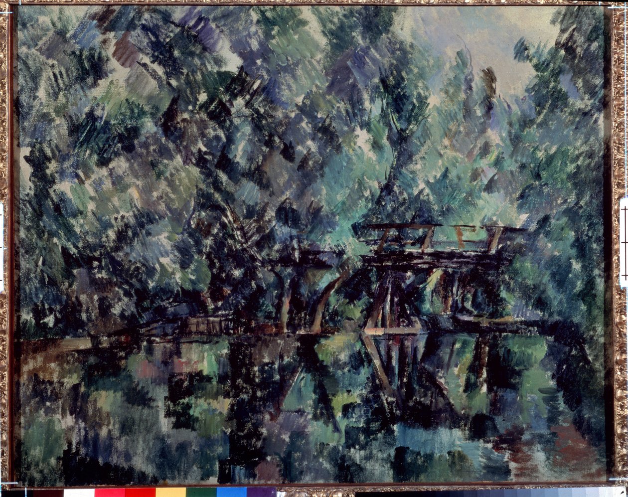 Ponte sobre a lagoa. Pintura de Paul Cezanne (1839-1906), ca. 1898. Óleo sobre tela. Tamanho: 64x79cm. Impressionismo. Museu Pushkin, Moscovo de Paul Cézanne