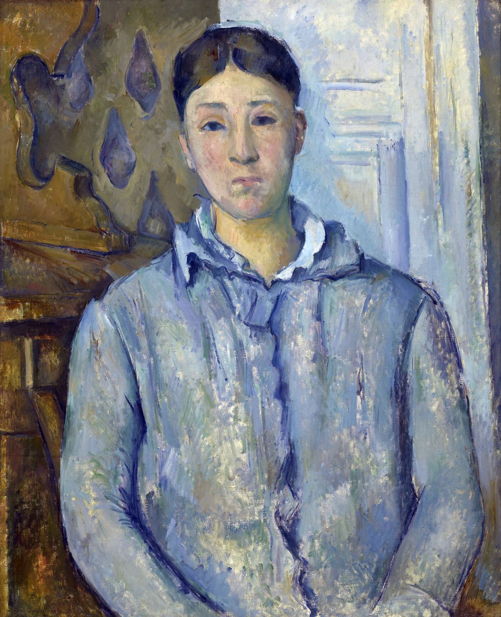 "Retrato de Madame Cezanne in Blue" 1888-1890. Hortense Cezanne (1850-1922), esposa do artista Pintura de Paul Cezanne (1839-1906). Óleo sobre tela - tamanho 73,5x61 cm Houston, The Museum of Fine Arts, The Robert Lee Blaffer Memorial Collection, presente  de Paul Cézanne