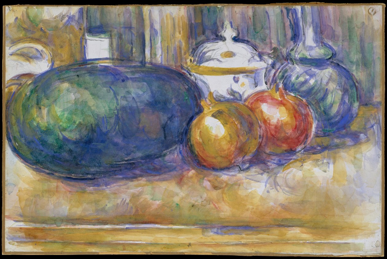 Natureza-Morta com Melancia e Romãs 1900–06 (w - c sobre grafite em papel vegetal) de Paul Cézanne