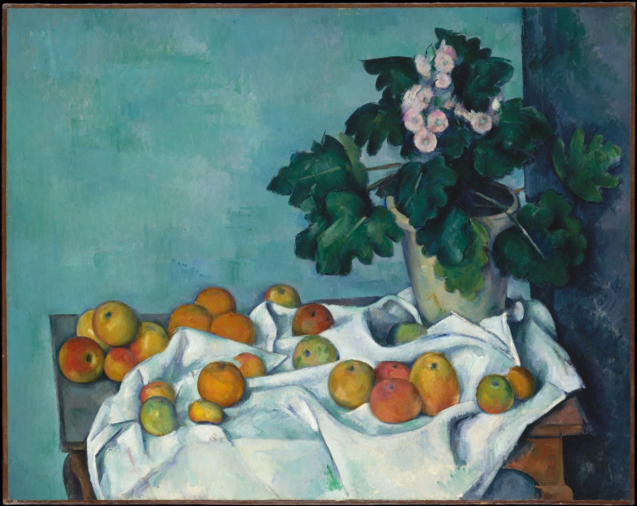 Natureza-morta com maçãs e um vaso de prímulas de Paul Cézanne