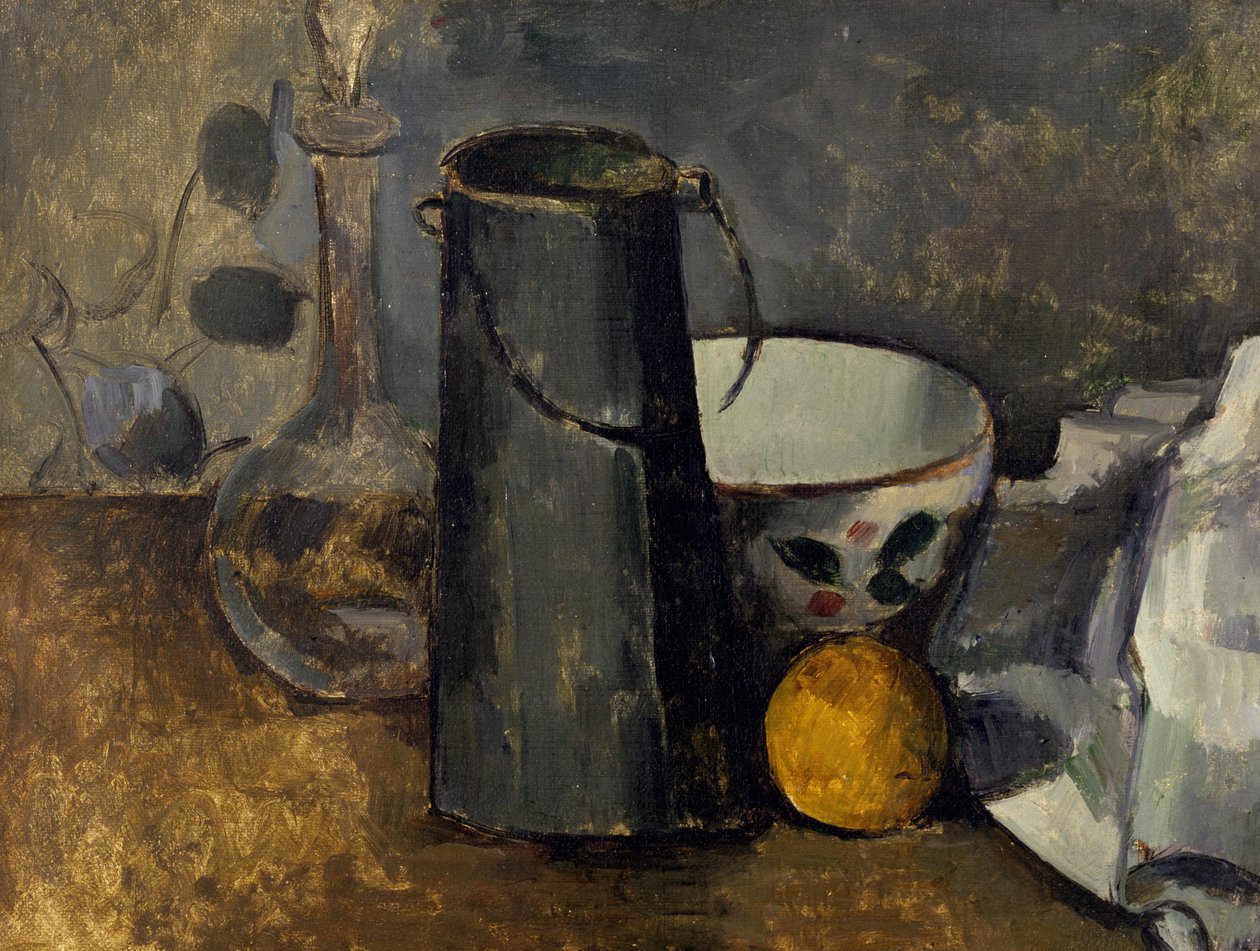 Natureza morta com jarra, lata de leite, tigela e laranja de Paul Cézanne