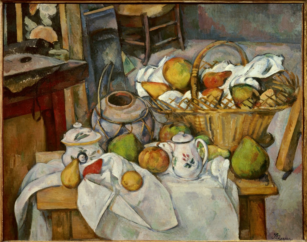 A mesa de cozinha Still Life de uma cesta de frutas posa sobre uma mesa. Pintura de Paul Cezanne (1839-1906) 1888 Sol. 0,65x0,81 m Paris, musee d