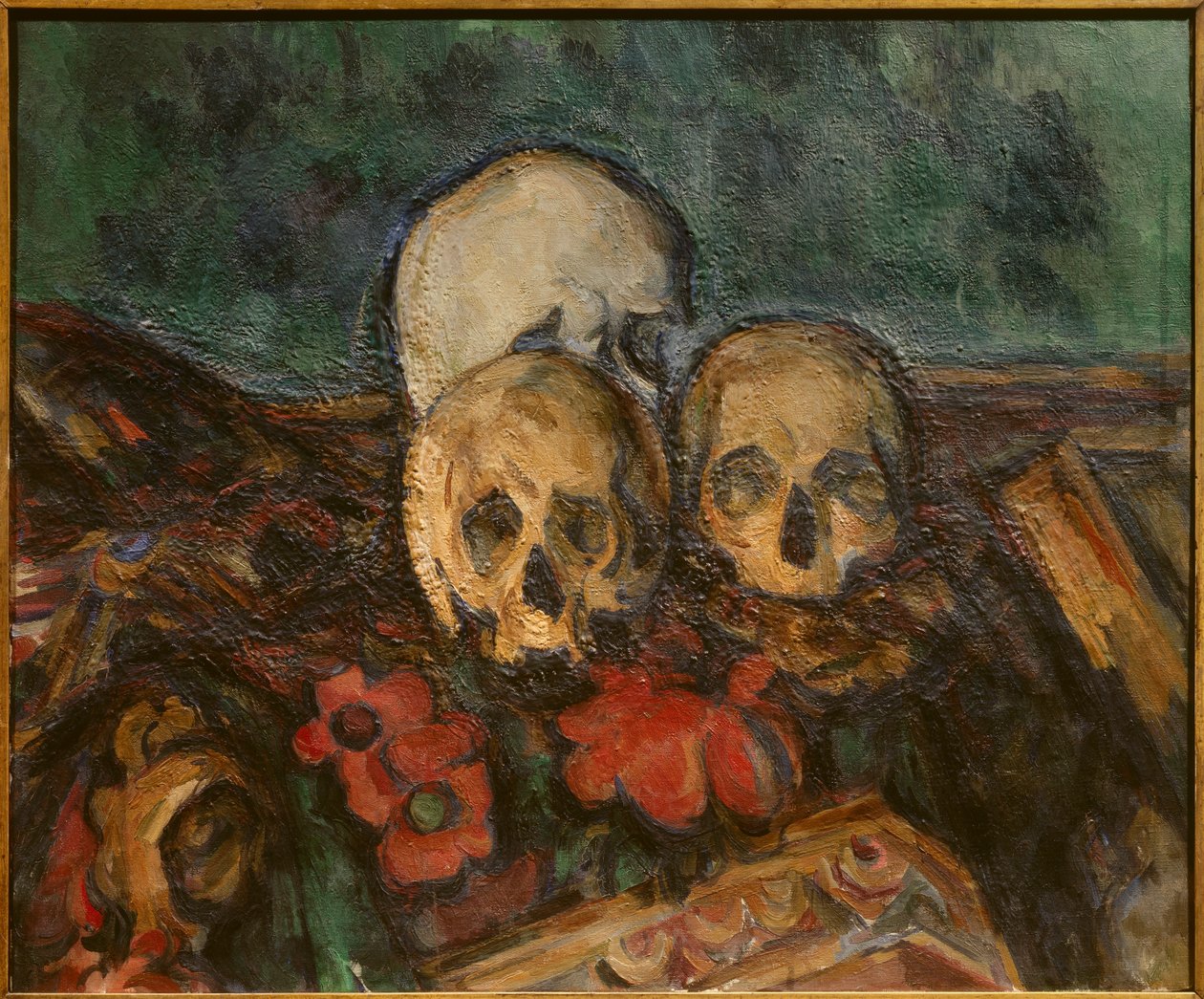Três peles num tapete oriental Pintura de Paul Cezanne (1839-1906) 1898 Solothurn. Kunstmuseum. - Três caveiras sobre um tapete oriental. Pintura de Paul Cezanne (1839-1906) de Paul Cézanne