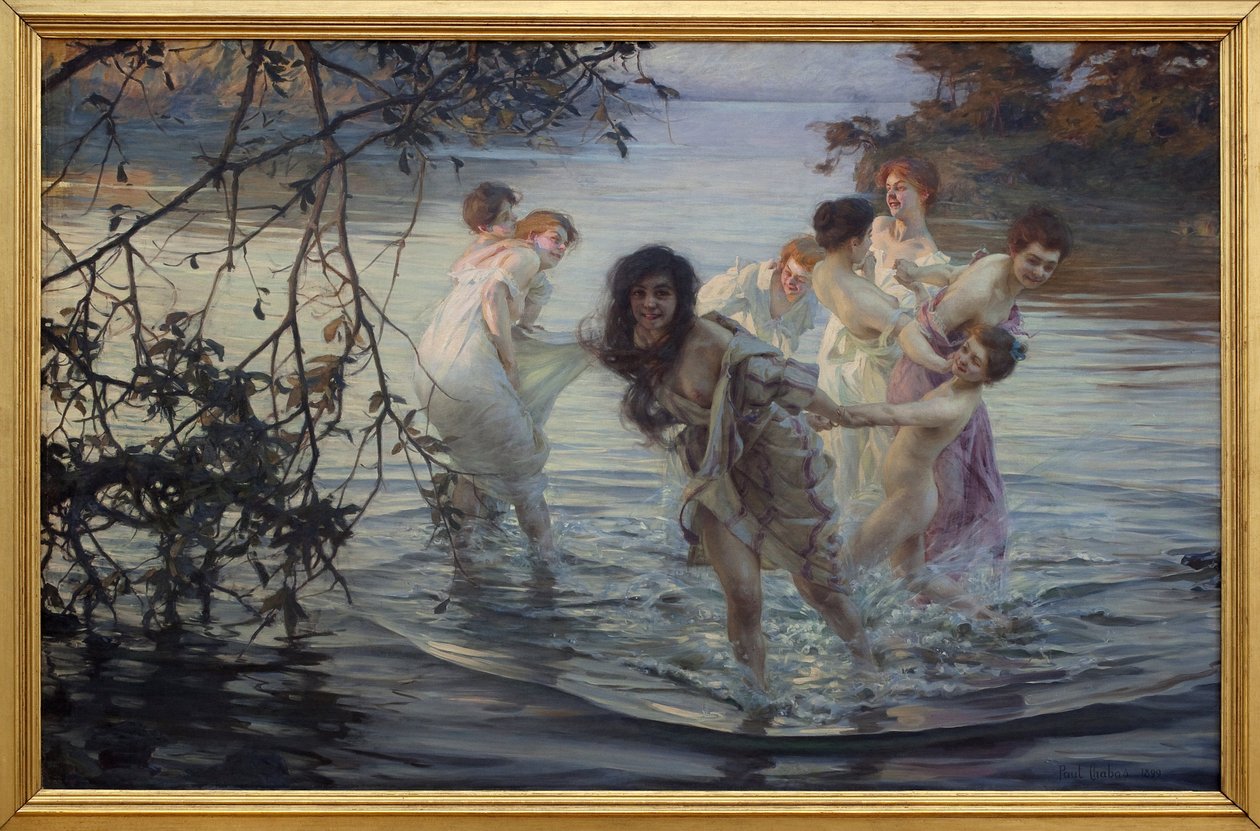 Feliz ebats. Mulheres jovens a divertirem-se enquanto nadam na água de um rio. Pintura de Paul Emile Chabas (1869-1937), óleo sobre tela, cerca de 1899. Museu de Belas Artes de Nantes. de Paul Chabas