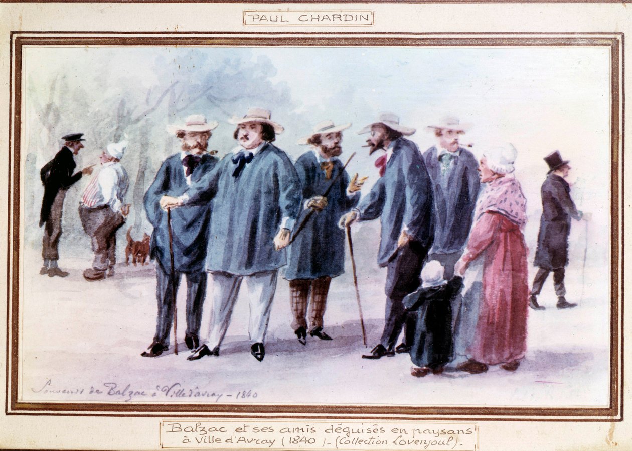 O escritor francês Honore de Balzac (1799-1850) e seus amigos se disfarçam de camponeses na cidade de Avray em 1840. Aquarela pintada de memória por Paul Chardin (1833-?) de Paul Chardin