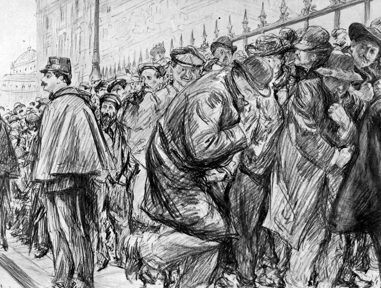 Fila do lado de fora do Palais de Justice durante o julgamento de Marguerite Steinheil, Paris, França, 1909 de Paul Charles Renouard