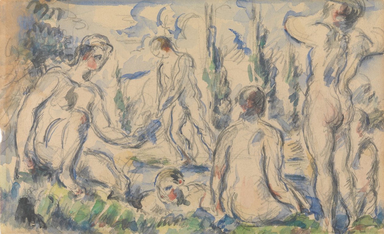 Banhistas recto, verso paisagem, ca. 1888 reto, e.n.d. verso. de Paul Cézanne