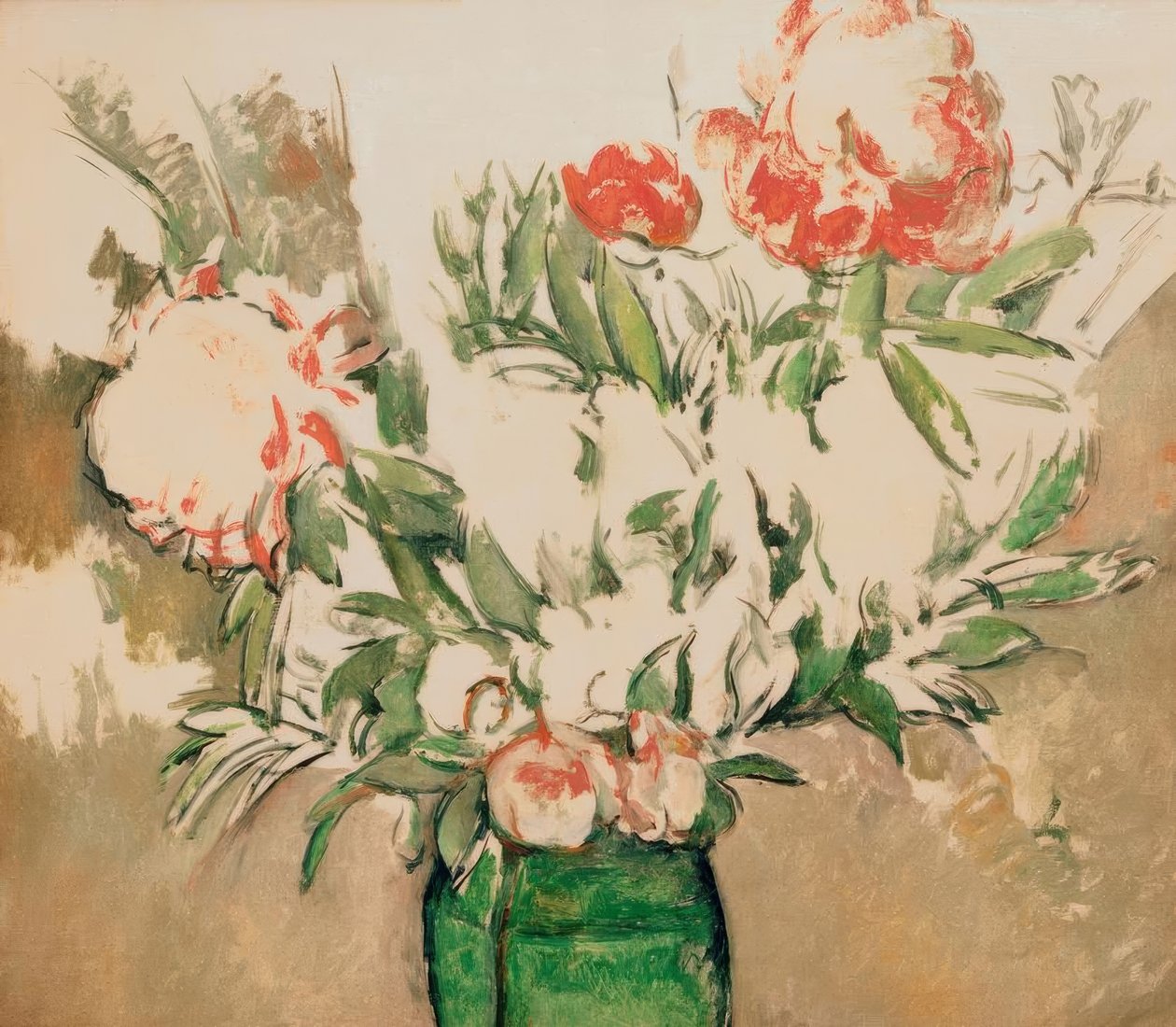 Buquê de peônias em uma panela verde de Paul Cézanne