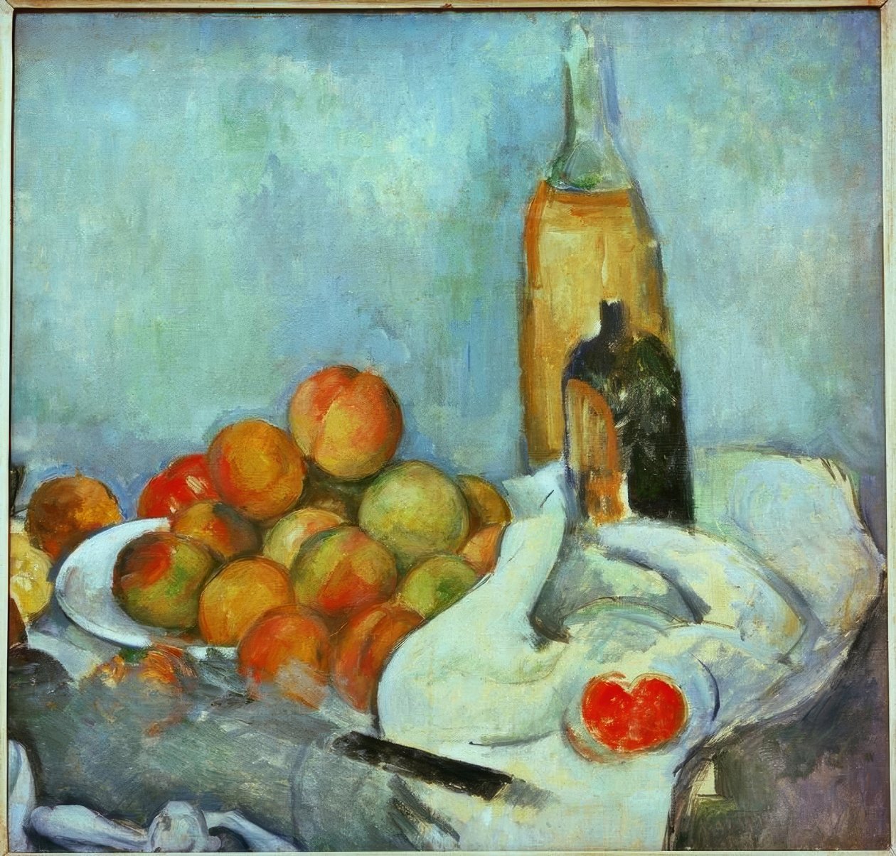 Garrafas e pêssegos de Paul Cézanne