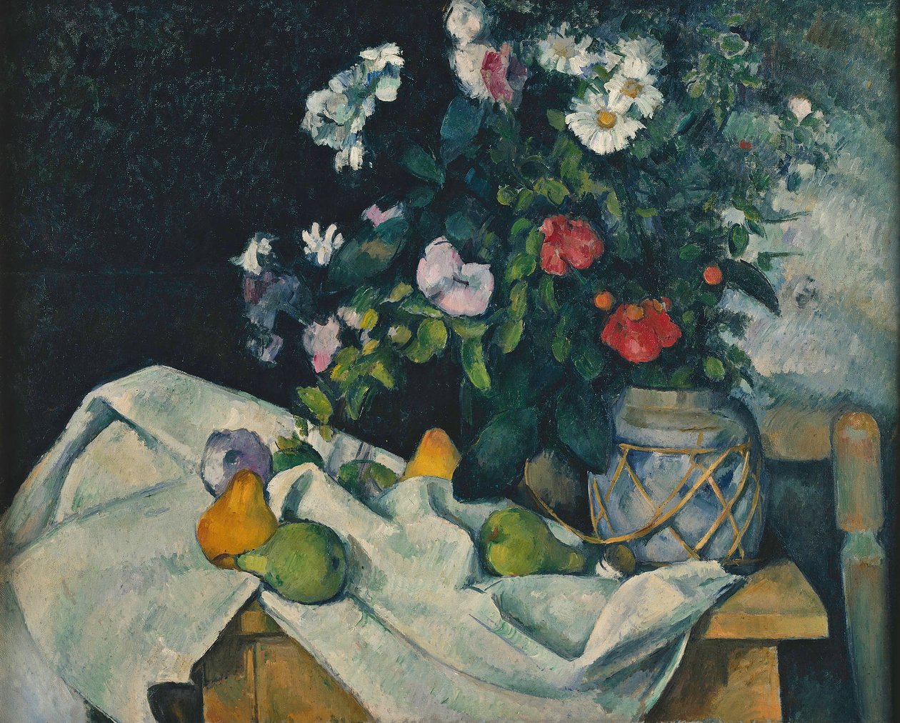 Flores em uma jarra de gengibre e frutas de Paul Cézanne