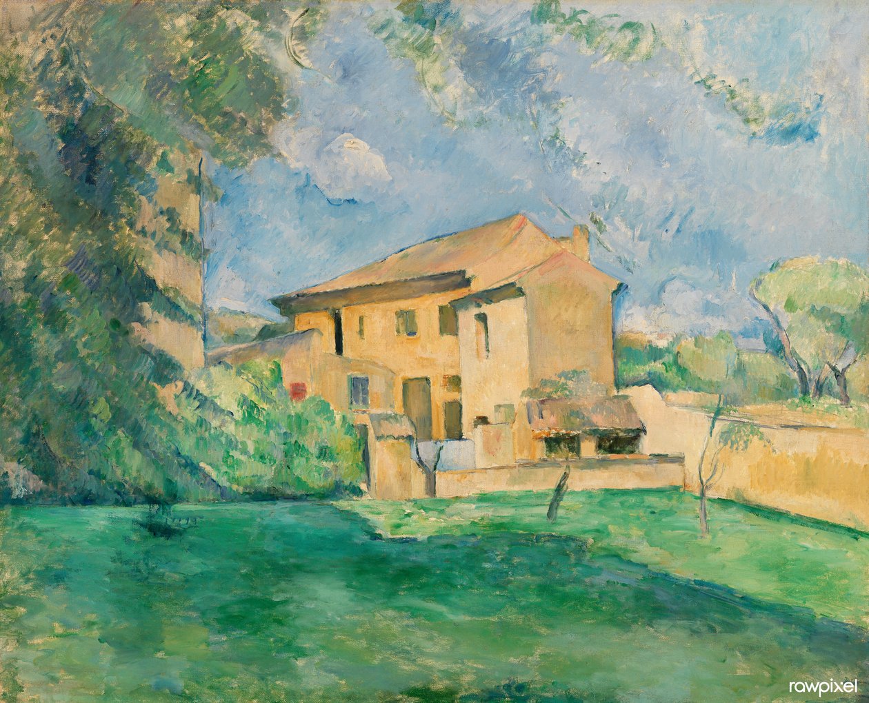 Francês:  La Ferme du Jas de Bouffan A quinta do Jas de Bouffan de Paul Cézanne
