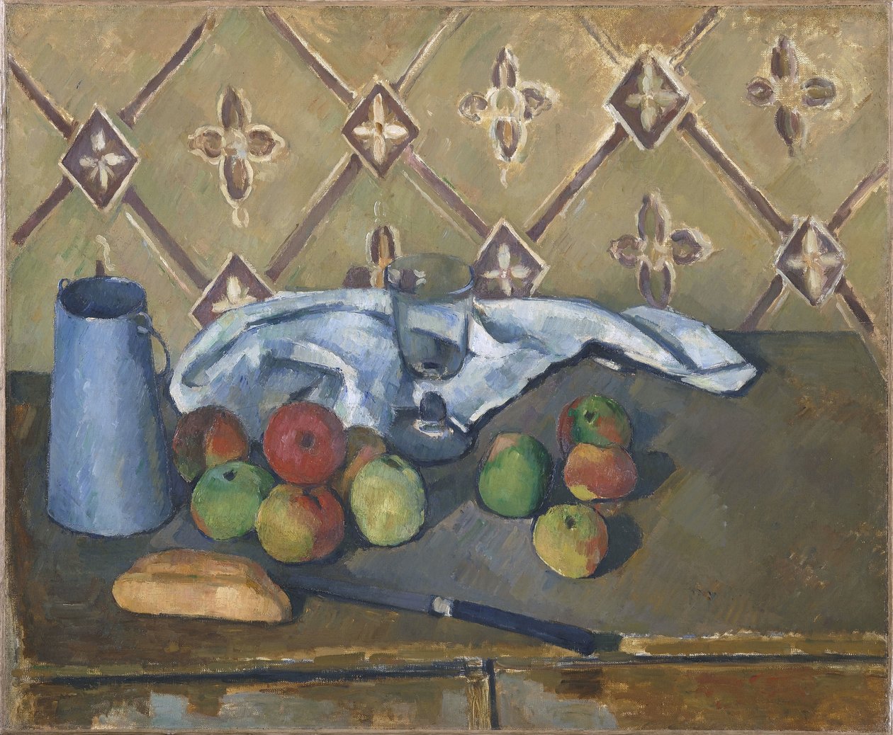 Jarra de frutas, guardanapo e leite de Paul Cézanne