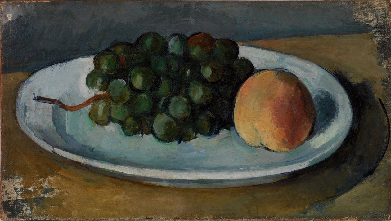 Uvas e pêssego numa placa de Paul Cézanne