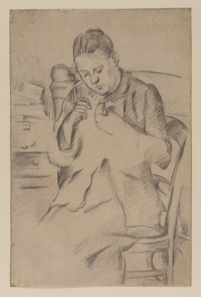 Hortense Fiquet, Madame Cezanne, costura, c.1880 (lápis sobre papel) de Paul Cézanne