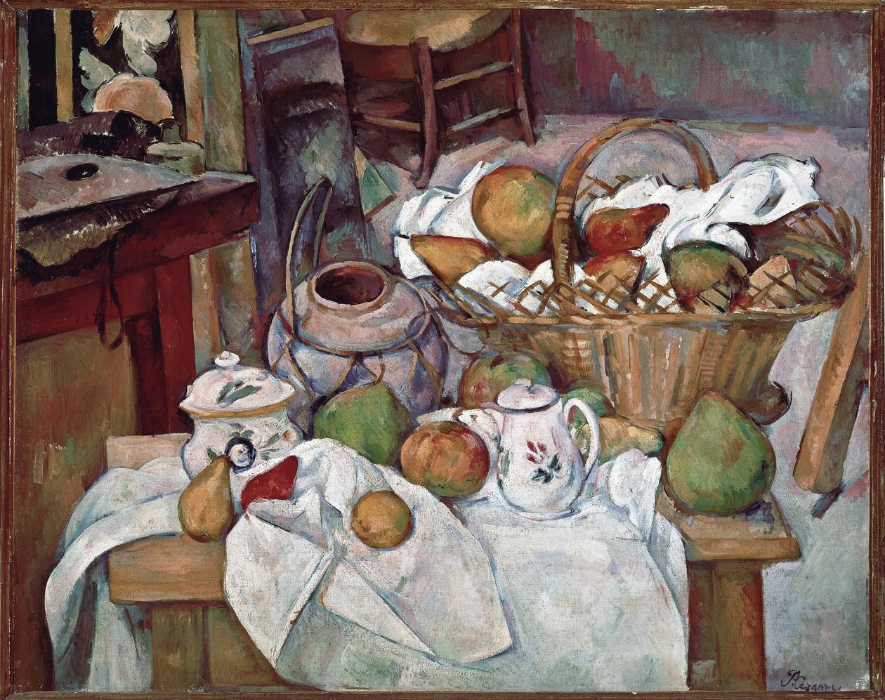 Mesa de cozinha ou Stilll-life com cesto - óleo sobre tela de Paul Cézanne