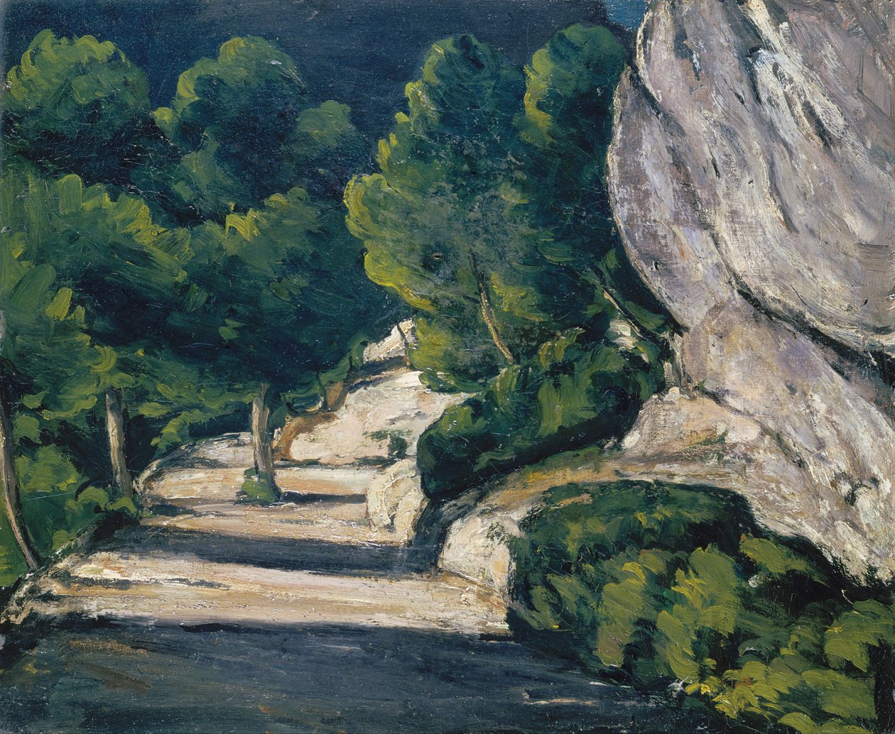 Panorama. Estrada com árvores nas montanhas rochosas de Paul Cézanne