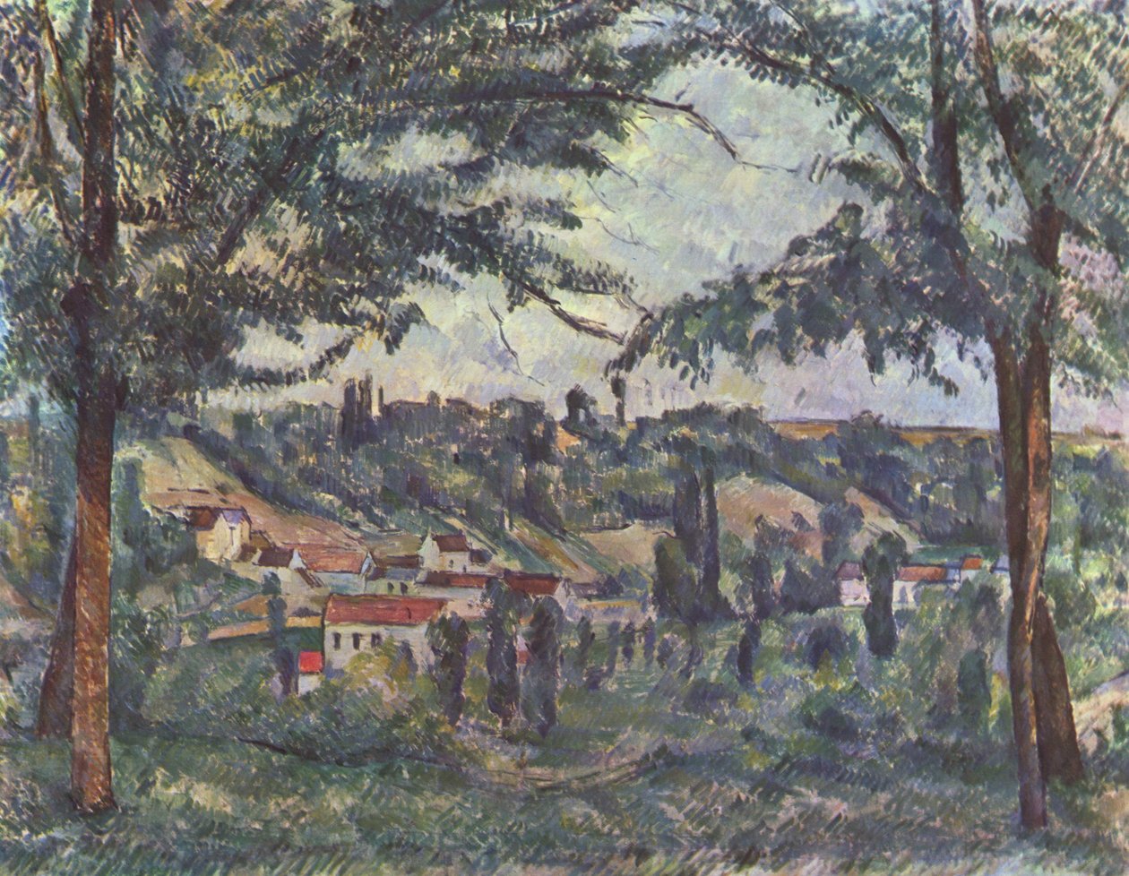 O Hameau des Pâtis em Pontoise, emoldurado por árvores de Paul Cézanne