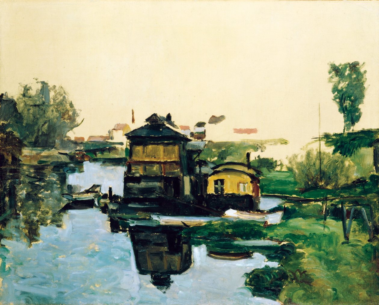 Casas flutuantes num rio de Paul Cézanne