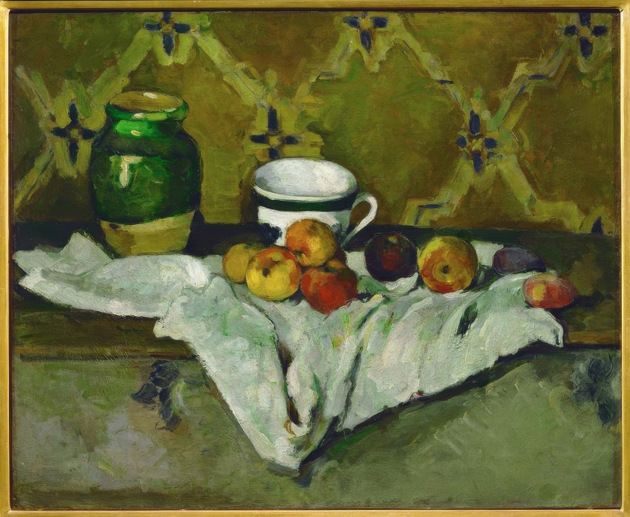 Natureza morta (cerâmica, copo e frutas de Paul Cézanne