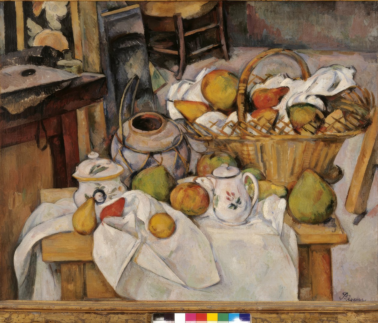 Ainda vida na cesta ou na mesa da cozinha de Paul Cézanne