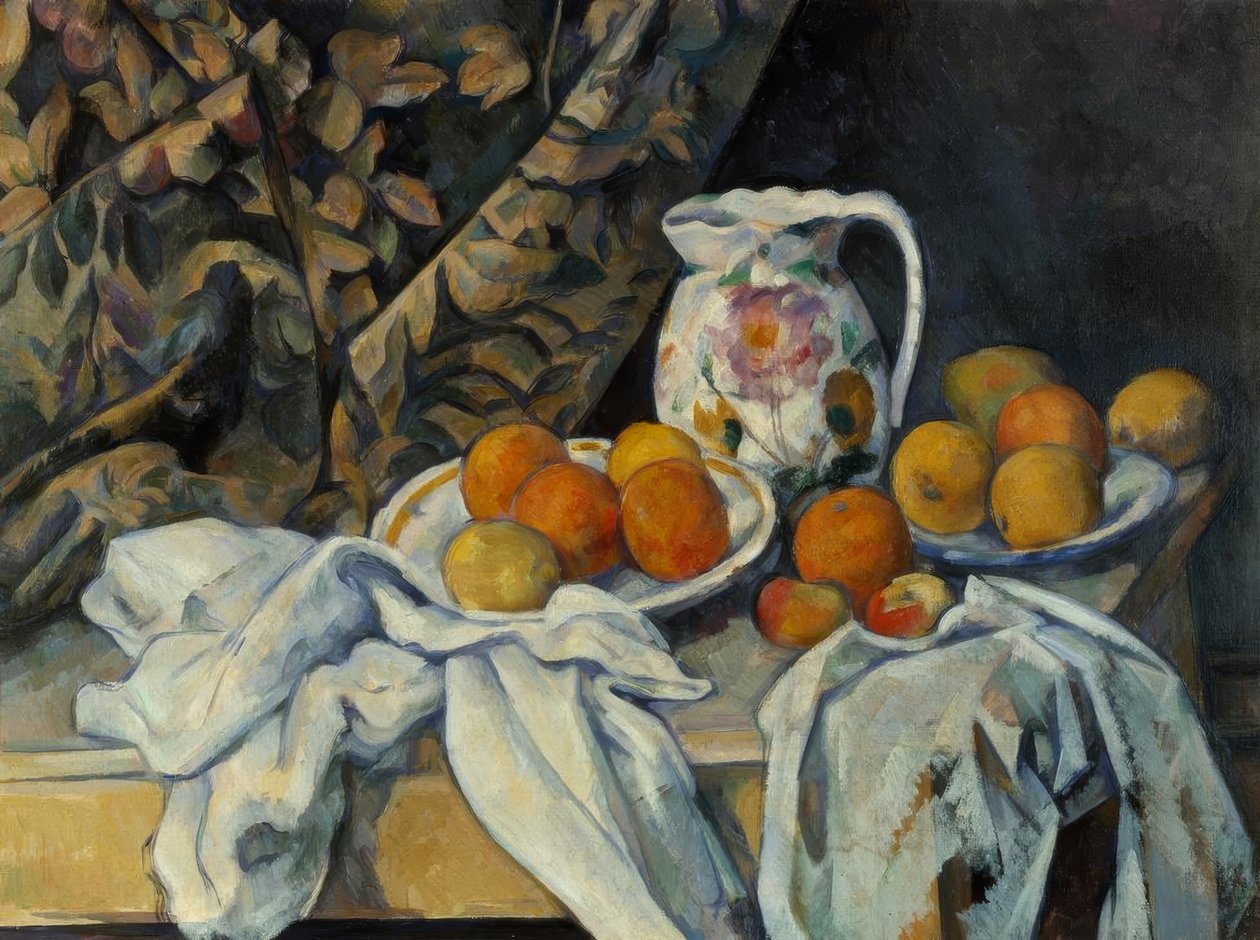 Natureza morta com cortina e jarro florido de Paul Cézanne