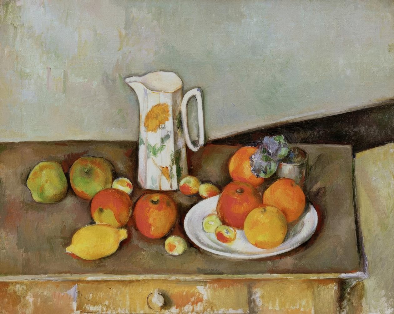 Ainda vida: jarro de leite e frutas sobre uma mesa de Paul Cézanne