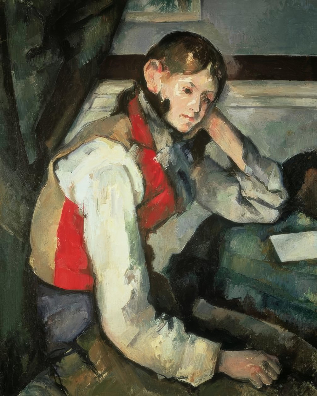 P.Cézanne, jovem com um colete vermelho de Paul Cézanne