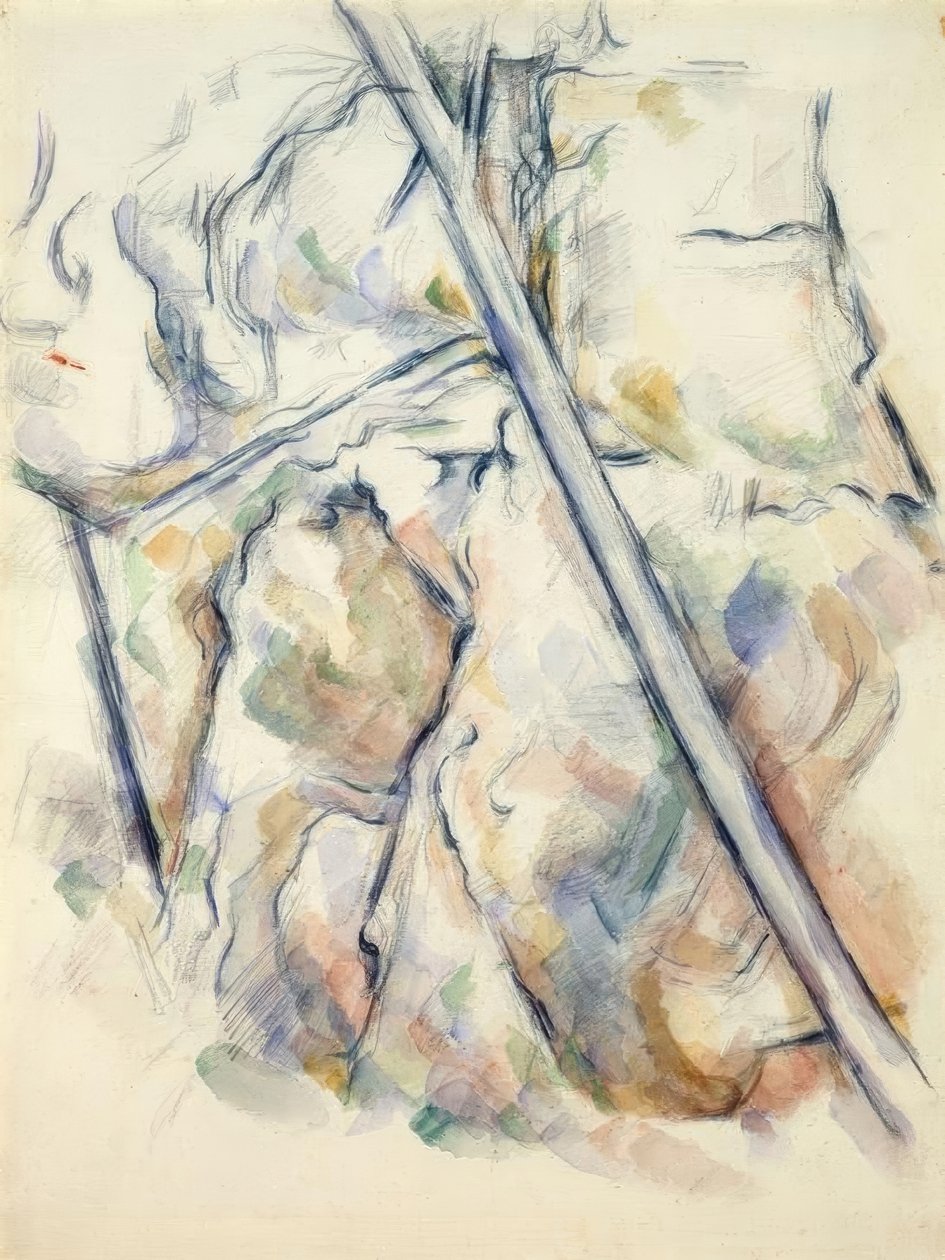 Pinheiros e pedras perto das cavernas acima de Château-Noir de Paul Cézanne