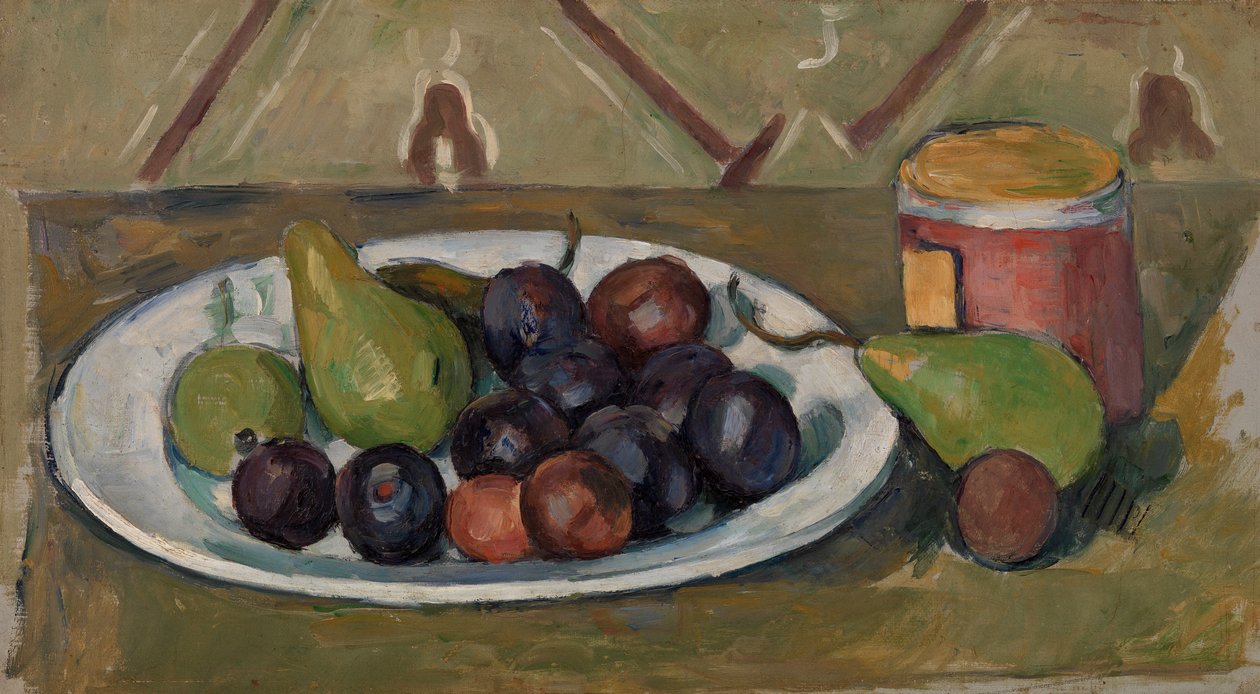 Prato com frutas e pote de conservas de Paul Cézanne