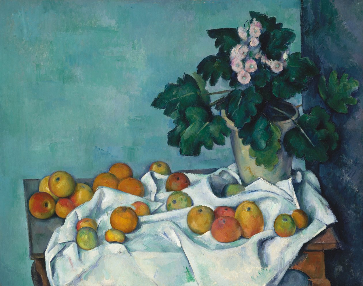 Ainda vida com maçãs e um pote de prímulas, c.1890 de Paul Cézanne