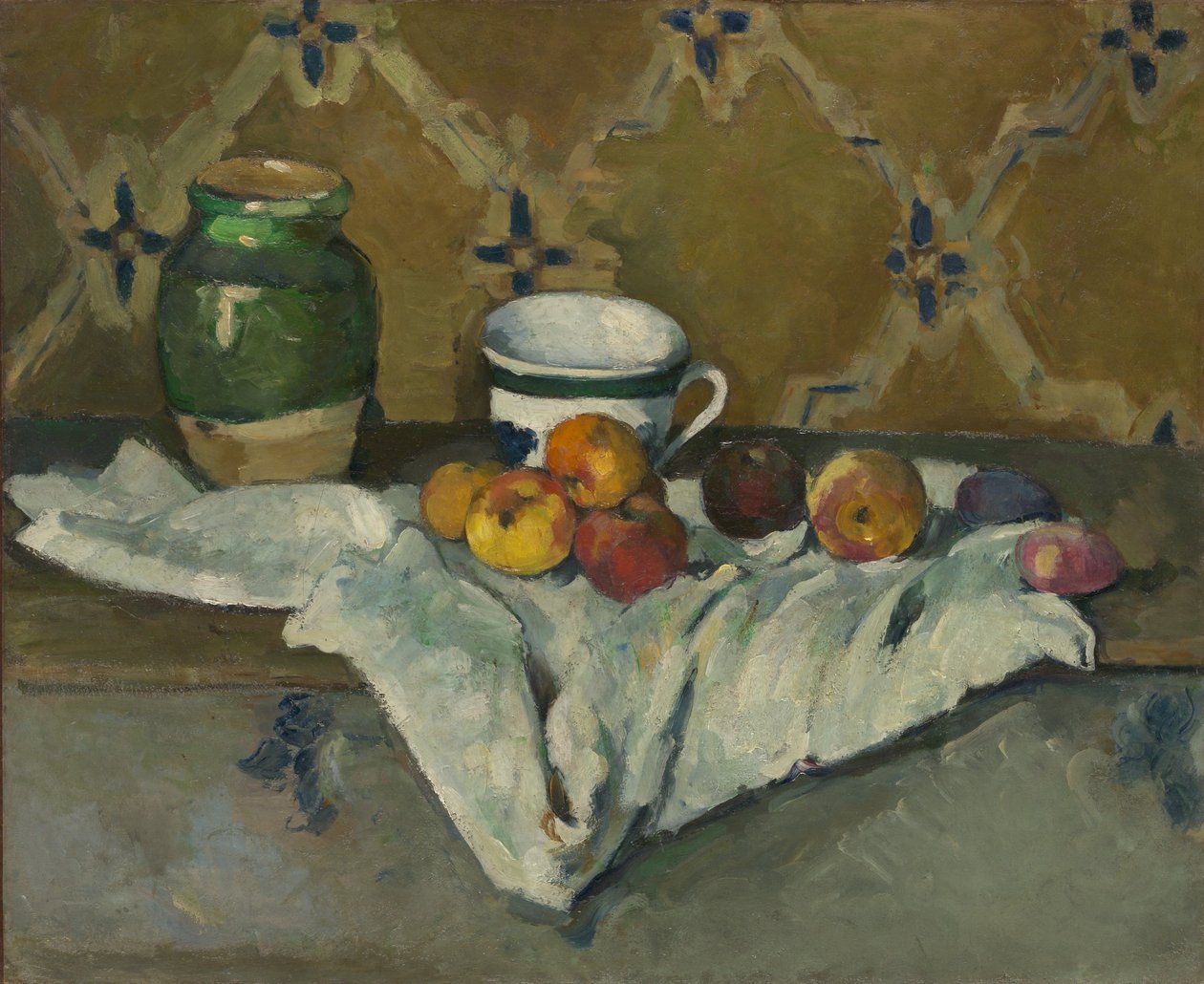 Natureza morta com jarra, copo e maçãs, ca. 1877. de Paul Cézanne