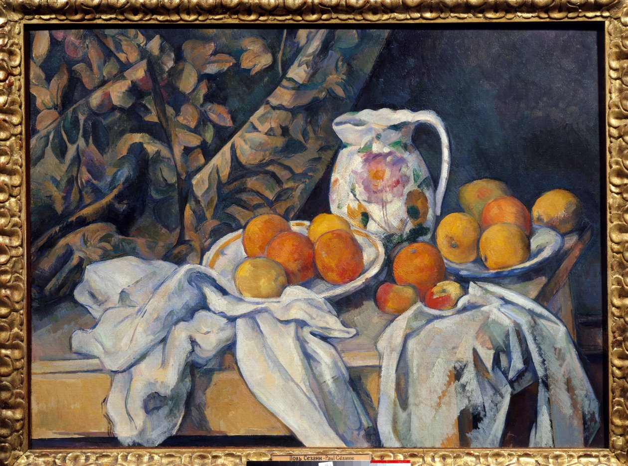 Natureza morta na cortina. Pintura de Paul Cezanne (1839-1906) de Paul Cézanne