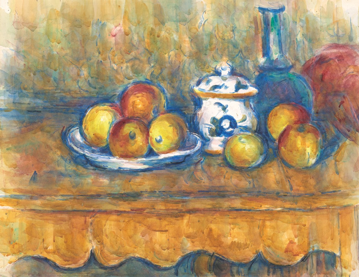 Natureza morta com garrafa azul, açucareiro e maçãs de Paul Cézanne
