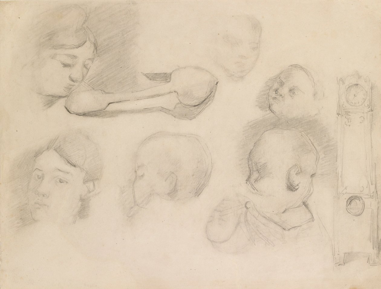 Estudos de uma cabeça de criança, uma cabeça de mulher, uma colher e um relógio de caixa longa, c1872 de Paul Cézanne