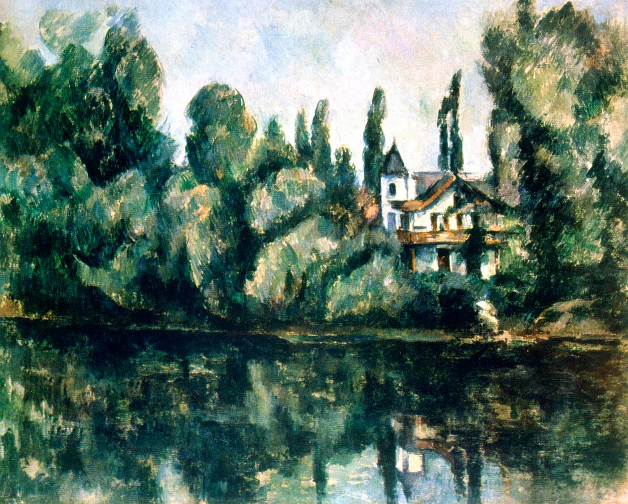 Os bancos do Marne, Villa na margem de um rio, c1888. de Paul Cézanne