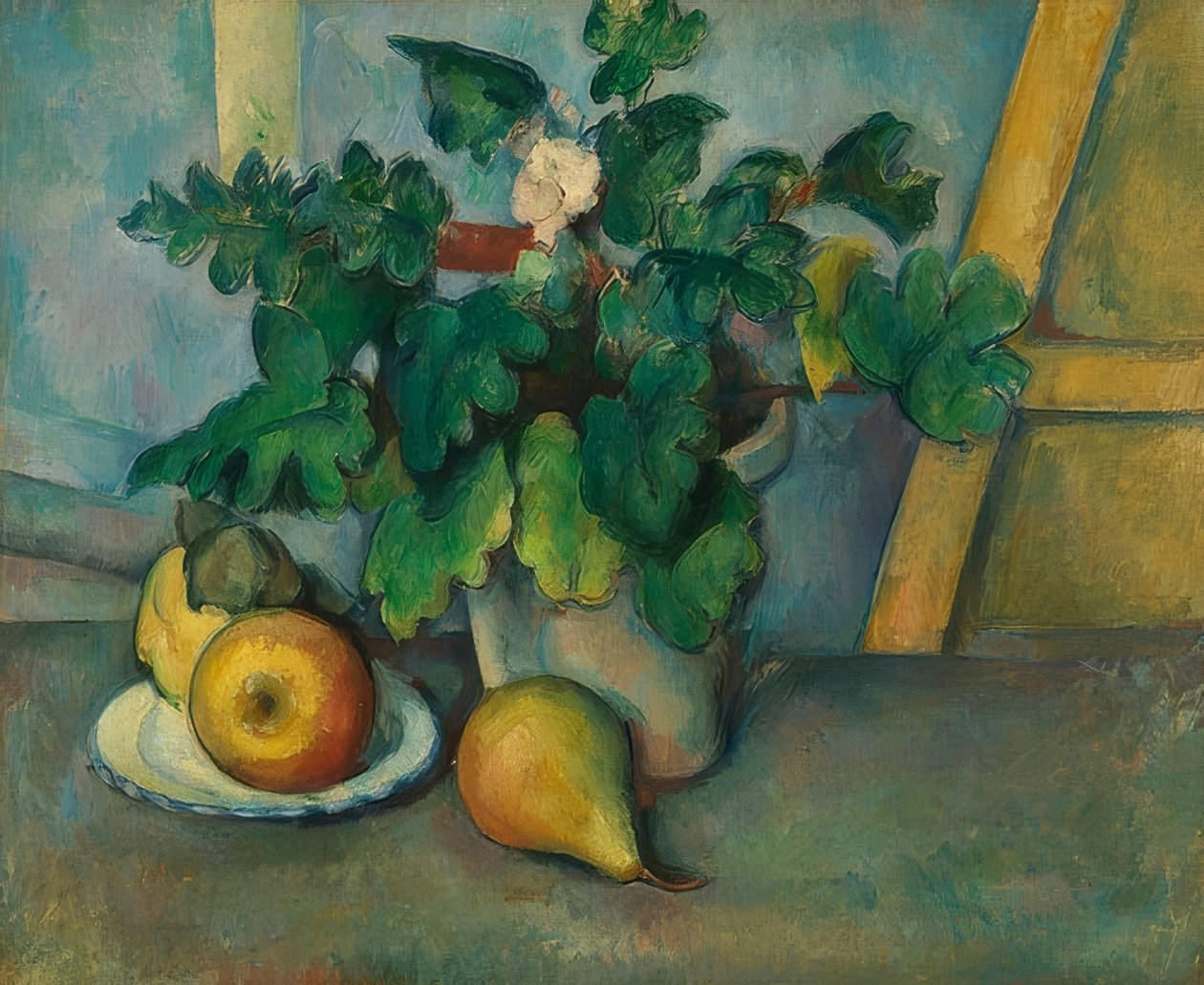 Pote de prímulas e frutas. 1888-90 de Paul Cézanne