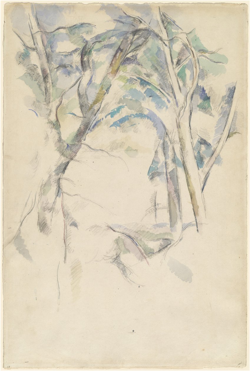 Árvores inclinadas sobre rochas de Paul Cézanne