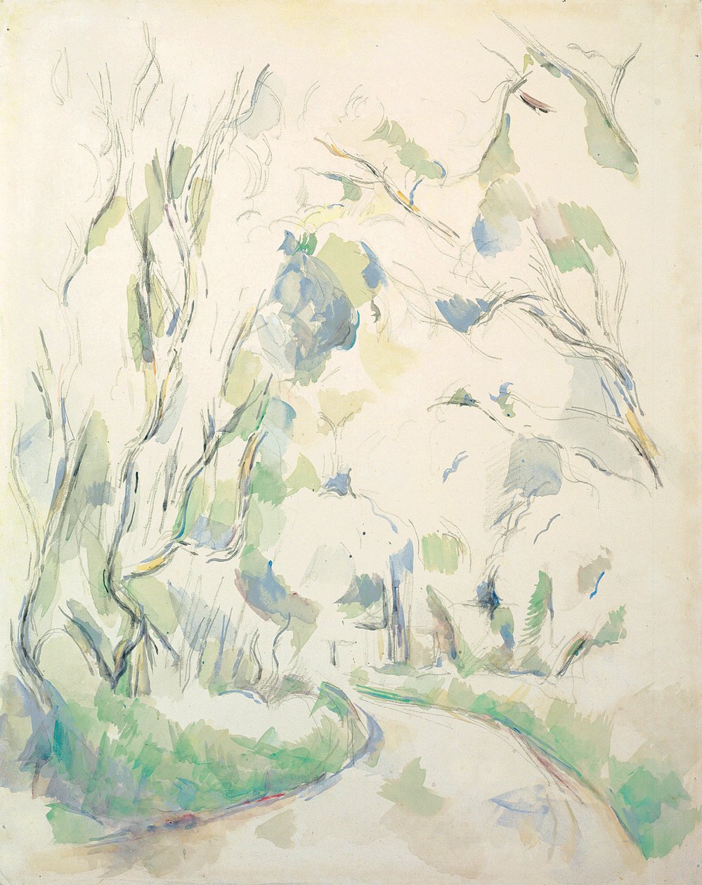 Poços e um caminho sinuoso no Chateau Noir Park; Poço e estrada de viragem no parque Chateau Noir, c.1900 de Paul Cézanne