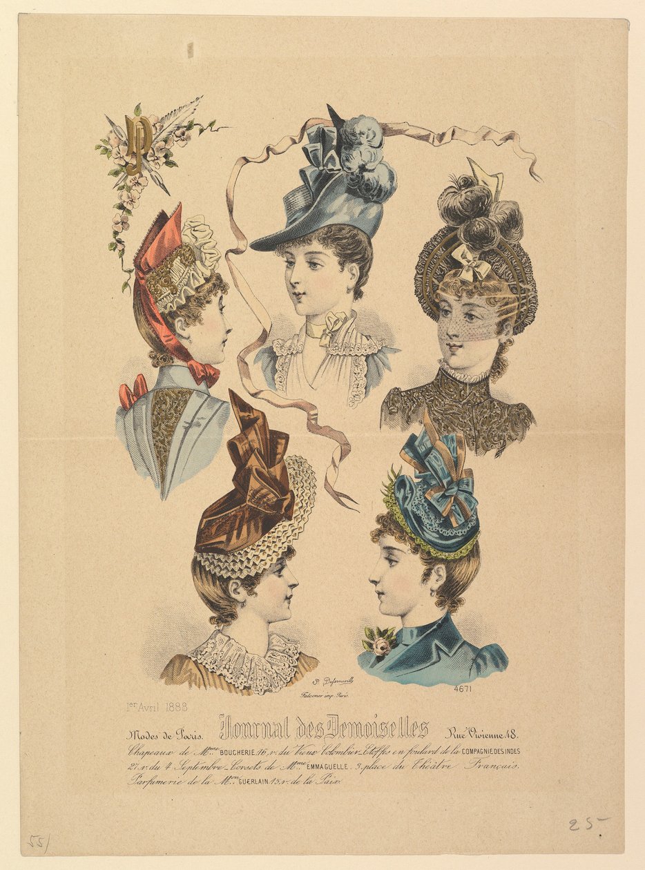 Chapéus femininos, nº 4671, do Journal des Demoiselles, 1º de abril de 1888. de Paul Deferneville