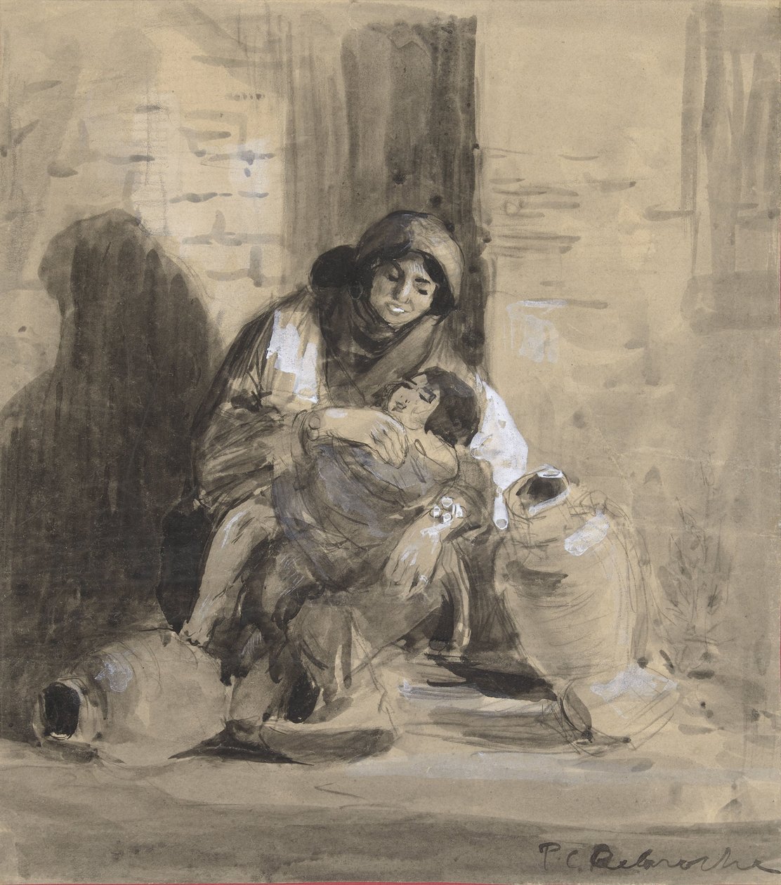 Mulher judia sentada de Gaza, com o seu filho e dois grandes frascos de Paul Delaroche