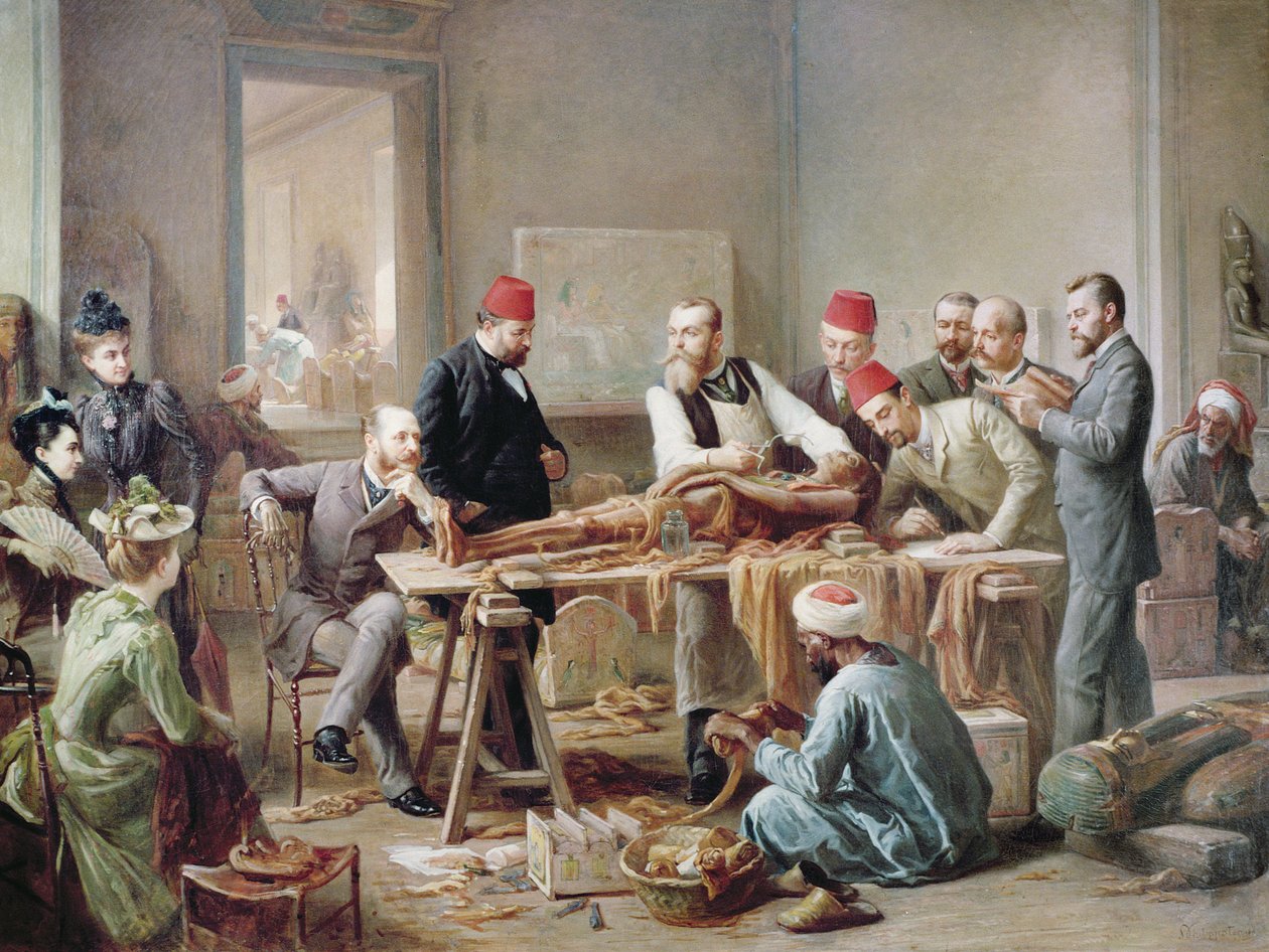 Exame de uma múmia - uma Sacerdotisa de Amun, c.1891 (óleo sobre tela) de Paul Dominique Philippoteaux