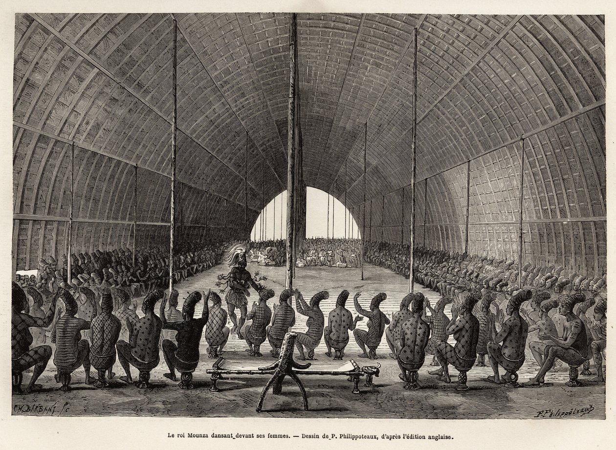 Mounza, rei de Mombouttous (Zaire), dançando em frente à sua sereleira, composta por 80 mulheres, gravada após o desenho de P. Philippoteaux, ilustrando uma viagem ao coração da África, em 1868-1871, pelo Dr. George Schweinfurth, publicada em "Le tour du m de Paul Dominique Philippoteaux