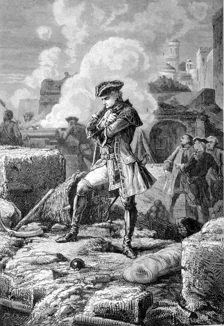 Thomas Arthur Lally, Barão de Tollendal Durante o cerco de Pondichery em 1760 - Gravura de Paul Philipotteaux (1846-1923) - Thomas Arthur, Barão de Tollendal, conde de Lally (1702-1766), oficial francês Lally-Tolendal nas muralhas de Pondicherry de Paul Dominique Philippoteaux