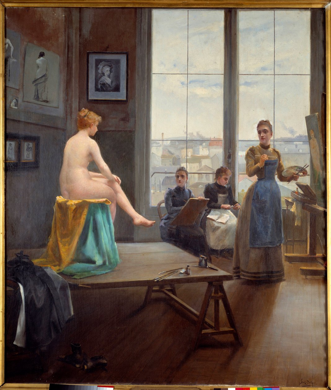 Oficina para jovens pintoras Um modelo posa para jovens pintoras. Pintura de Paul Duthoit (fez em 1858-?) 1896 Dim. 1,20 x 1,04 m Pau, museu de Belas Artes de Paul Duthoit