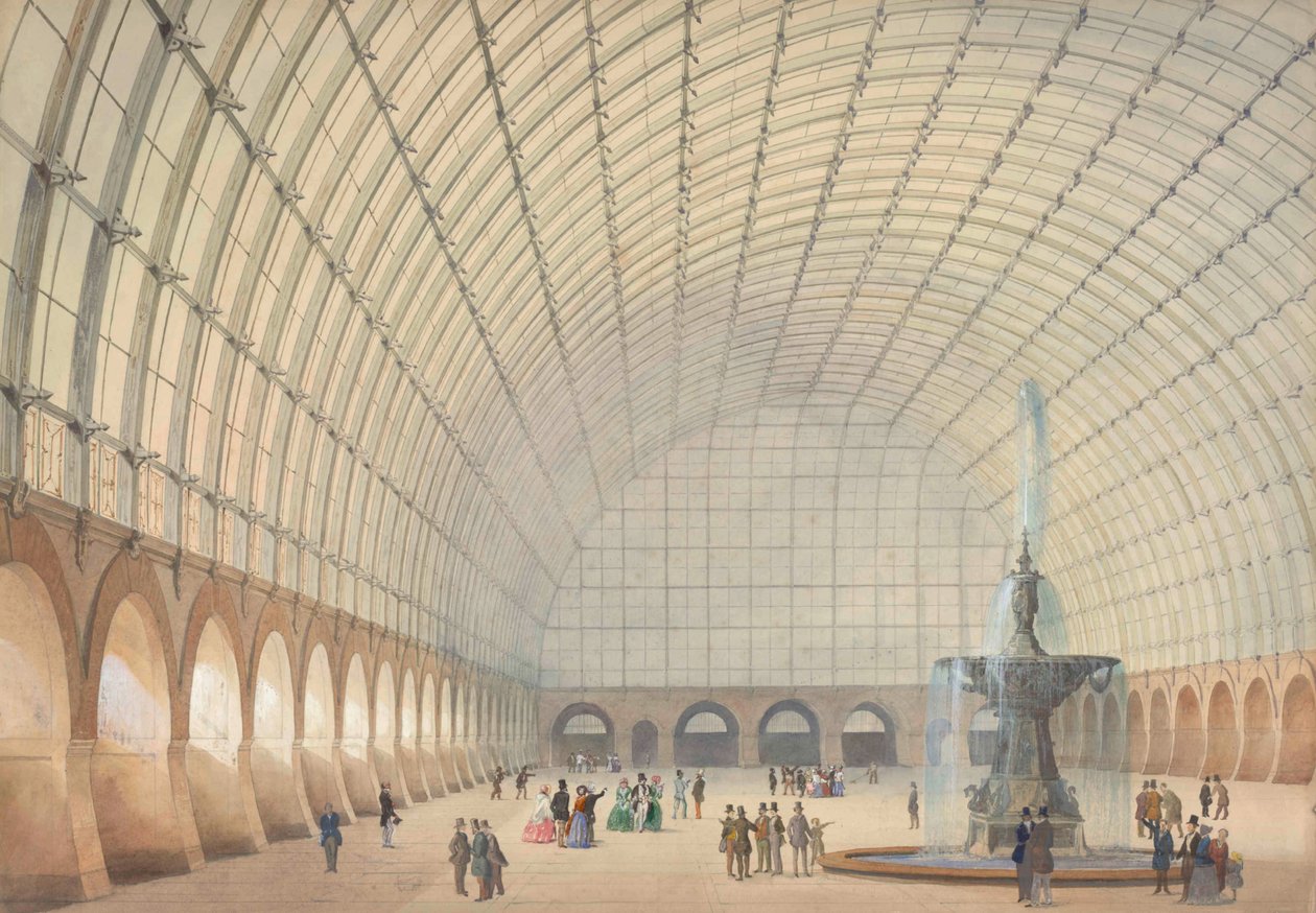 Projeto para uma sala de exercícios e exposições industriais em Viena, vista interior em perspectiva, 1853. de Paul Eduard Sprenger